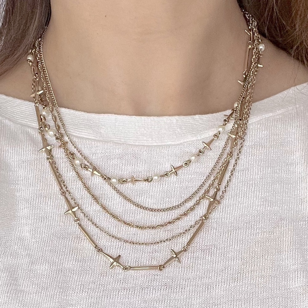 Banana Republic Gold Layered Star Pearl Multi Strand Necklace